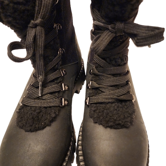 Bootlegger Black Leather & Sherpa Combat Winter Boots Size 8 - Picture 5 of 8